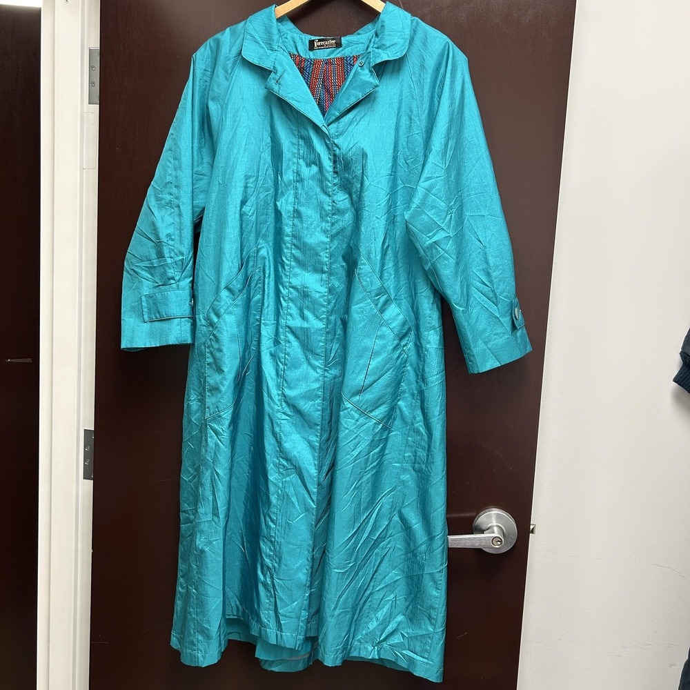 Vintage Forecaster Of Boston Coat Womens 12 Blue Taffeta Belted Long Rain Lined